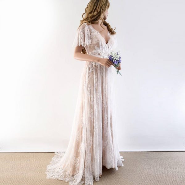 Boho Wedding Dress 2019 V Neck Cap Sleeve Lace Beach Wedding Gown Cheap Backless Custom Made Free Shipping Bride Dresses